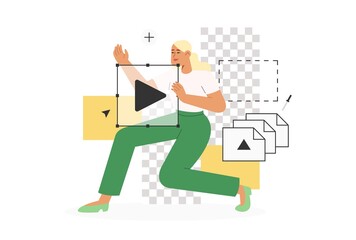 Concept of online courses or education. Modern flat vector illustration with inspired woman working in a graphics program for illustrators, designers or photographers.
