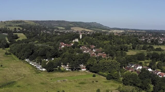 Aerial Footage over Bramber village and the countryside of West Sussex and the South Downs.