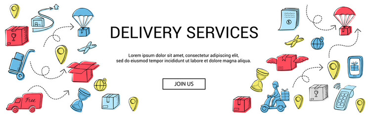Delivery services banner. Colorful icons on a white background: courier, box, delivery van, contract, warehouse, location, etc. Vector template for your business.
