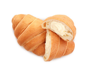 Delicious croissants with cream on white background, top view