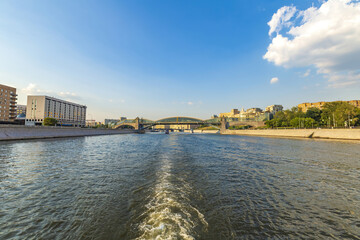 Moskva River and urban architecture of the capital downtown on a summer day. Moscow, Russia