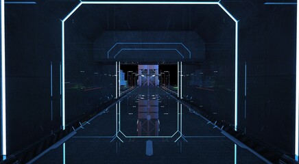 Neon futuristic highway against black sky. Glowing road in a futuristic city. Wallpaper in a style of cyberpunk. Future concept. Beautiful urban landscape. 3D illustration.