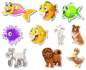 Naklejka premium Set of stickers with sea animals and dogs cartoon character
