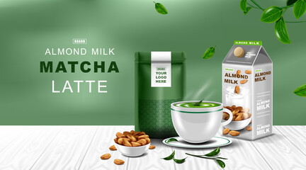 Kraft paper foil zip lock bag food stand up pouch with Green tea latte cup and almond milk. Mockup template for logo.