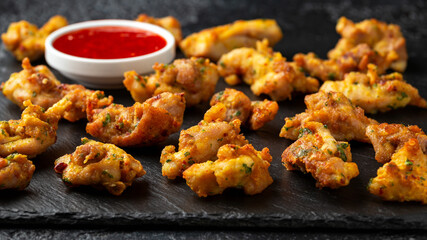 Chicken Pakora dish with sweet chilli sauce on rustic stone board