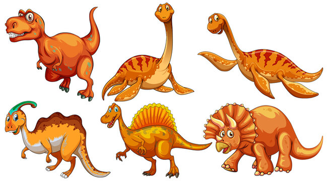 Set of orange dinosaur cartoon character