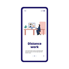 Mobile onboarding page on topic of distance work, cartoon vector illustration.