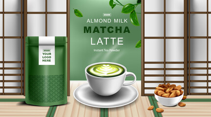 Kraft paper foil zip lock bag food stand up pouch with Green tea latte cup and almond milk with japanese background. Mockup template for logo.