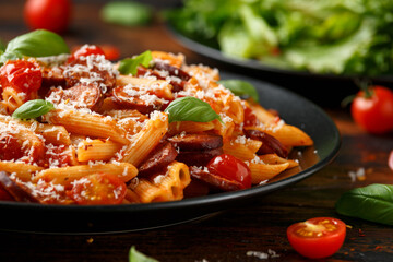 Sausage penne Pasta with tomato sauce, parmesan cheese and basil on black plate