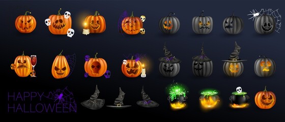 Vector illustration. Yellow pumpkins for Halloween. Jack-o-lantern facial expressions. Horror persons on dark background
