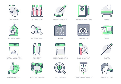 Medical check up line icons. Vector illustration include icon - radiology, stethoscope, xray, ultrasound, pcr, petri dish outline pictogram for health diagnostic. Green color, Editable Stroke