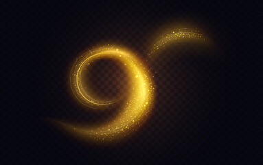 Golden luminous swirl shape, abstract light effect vector illustration. Luxury sparkling neon trail of flying stars, shiny magic swirling gold spirals, sparkle motion on transparent black background