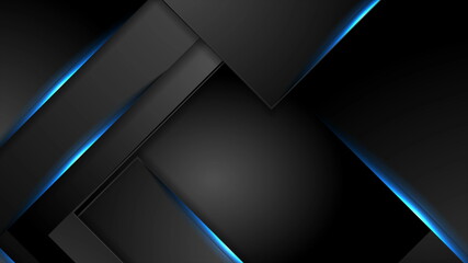 Fototapeta premium Black tech abstract background with blue neon laser lines