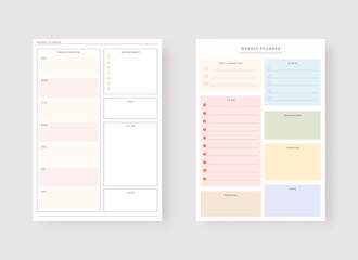 Modern planner template set. Set of planner and to do list. Weekly planner template. Vector illustration.