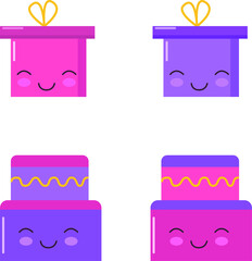 festive set with gifts and cakes in pink and purple