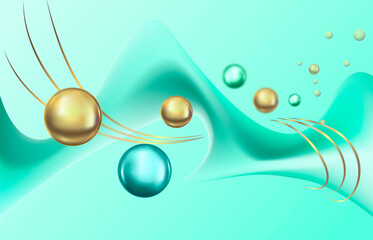 Abstract background in green tones with smooth lines and golden balls.