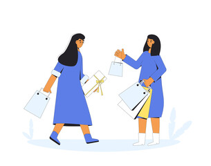 Two young characters with shopping bags. Female persons standing together and holding their purchases.