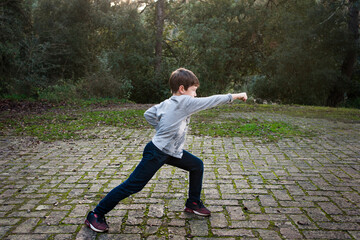 Un niño practicando el puñetazo recto de kung fu-