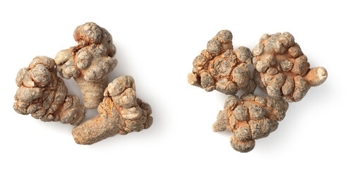 Dried Panax notoginseng roots isolated on white, top view