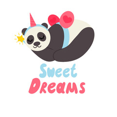 Adorable panda in unicorn fairy costume with magic wand in its paws. Image is isolated on white background with inscription. Vector illustration. Design element