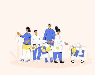 People with shopping bags. Women and men standing with their new goods.