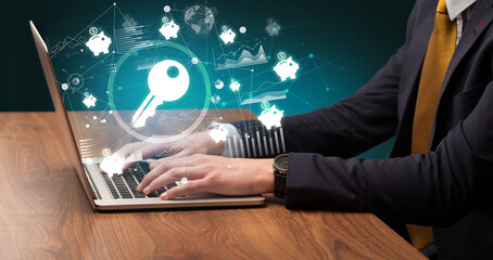 Business hand working on laptop, successful business concept