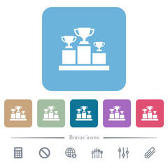 Winner podium with trophy cups flat icons on color rounded square backgrounds