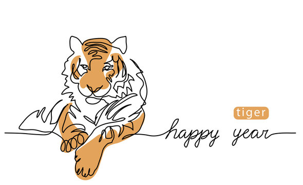 Happy tiger year. One continuous line art drawing of the tiger. Vector color illustration, greeting banner, poster. Chinese new year background