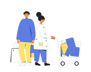 Two young characters with shopping bags. Man and woman standing together and holding their purchases.