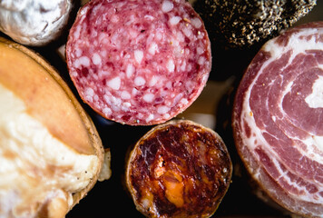 Closeup of charcuterie meat products