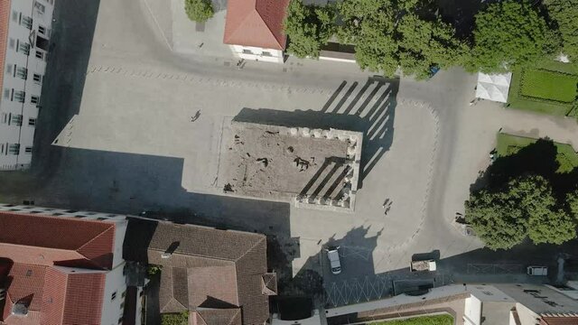 Aerial view of 1st century A.D Roman Temple in the historical center of &Eacute;vora city, declared a World Heritage Site and a tourism destination landmark in Alentejo region. Portugal.