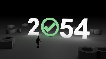 3D illustration of the number 2054 with Check mark icon with and man walking towards it