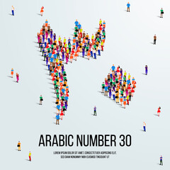large group of people form to create the number 30 or Thirty in Arabic. People font or Number. Vector illustration of Arabic number 30.