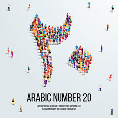 large group of people form to create the number 20 or Twenty in Arabic. People font or Number. Vector illustration of Arabic number 20.