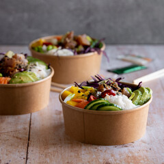 Takeaway ahi tuna poke bowls photography