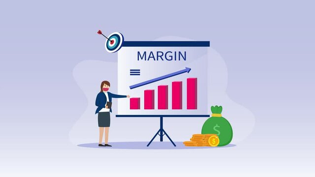 Businesswoman showing up arrow chart of margin