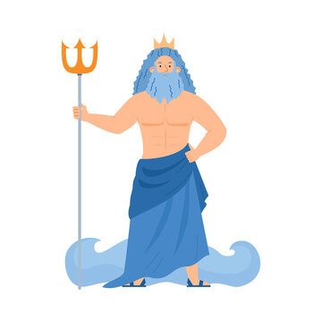 Greek god of sea Poseidon or roman Neptune flat vector illustration isolated.
