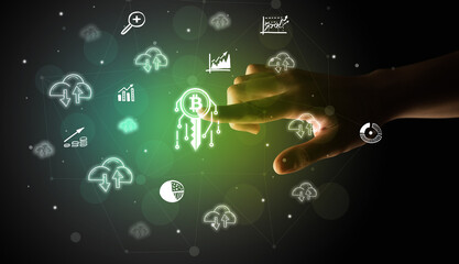 Fototapeta na wymiar Businessman finger touching on screen multimedia interface with hand drawn currency icons