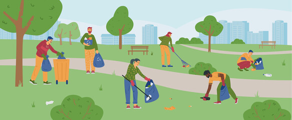 Vector banner with young people who clean up trash at city park. - obrazy, fototapety, plakaty