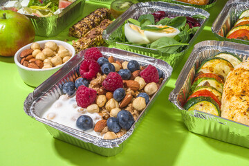 Healthy catering menu, courier food delivery lunch boxes. Beef steak meat, chicken filet , fish and vegetables in packages. Daily meal diet plan delivery , take away containers, online order concept