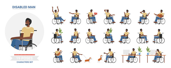 Disabled man poses vector illustration set. Cartoon bearded smiling male character with physical disability sitting in wheelchair, gesture or expression collection of disabled person isolated on white