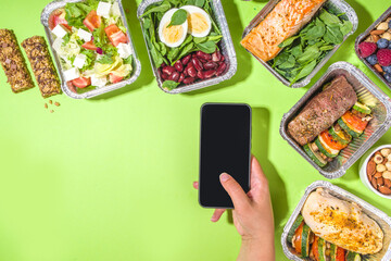 Healthy catering menu, courier food delivery lunch boxes. Beef steak meat, chicken filet , fish and vegetables in packages. Daily meal diet plan delivery , take away containers, online order concept