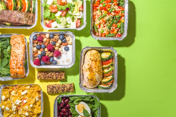 Healthy catering menu, courier food delivery lunch boxes. Beef steak meat, chicken filet , fish and vegetables in packages. Daily meal diet plan delivery , take away containers, online order concept