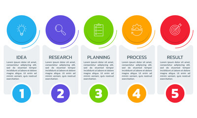 5 steps info graphic with circles, icons, numbers and space for text. Business process, presentation, infographic layout template. Vector illustration.