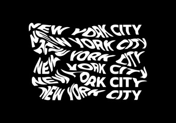 New York City typography text or slogan with wavy letters. T-shirt graphic with ripple or glitch effect. Abstract print, banner, poster, emblem design. Vector illustration.
