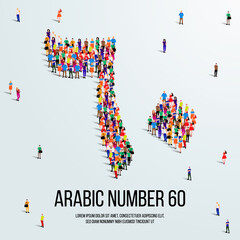 large group of people form to create the number 60 or Sixty in Arabic. People font or Number. Vector illustration of Arabic number 60.