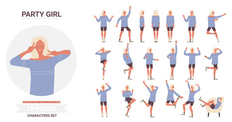 Young woman poses on dance party vector illustration set. Cartoon happy dancer female character dancing in different postures, active stylish partygoer person enjoying fun party time isolated on white