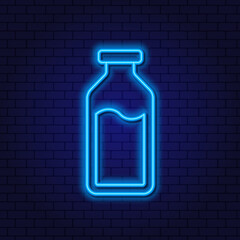 Neon Bottle of milk, juice. Disinfectant, ointment. The concept of a department in a store of dairy products, juices. Glowing Neon Linear Design Element against a dark background.