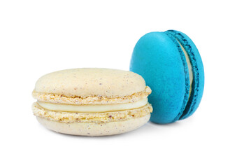 Different delicious colorful macarons on white background
