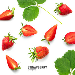 Ripe strawberries on white background, summer berry, top view